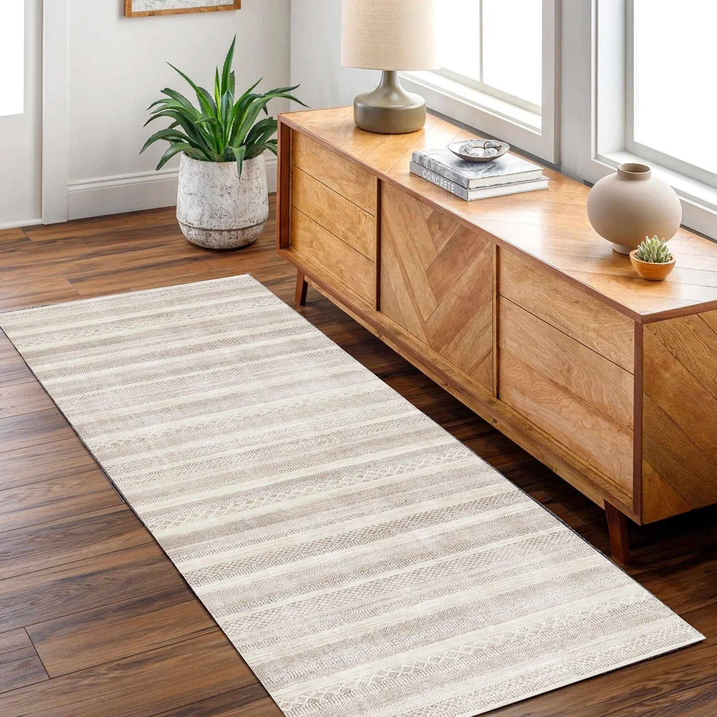 Soft neutral washable rug with modern abstract pattern