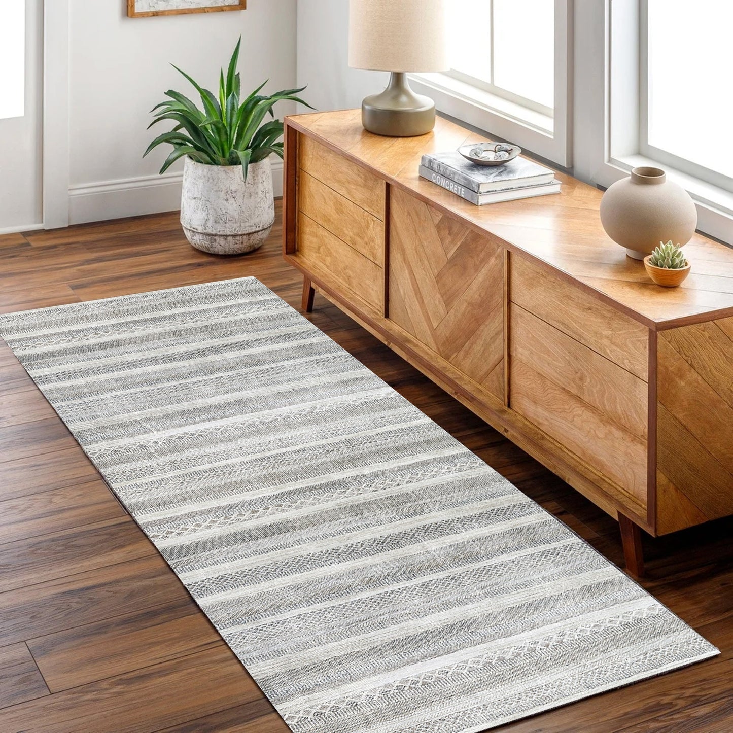 Neutral tone washable rug with abstract contemporary design