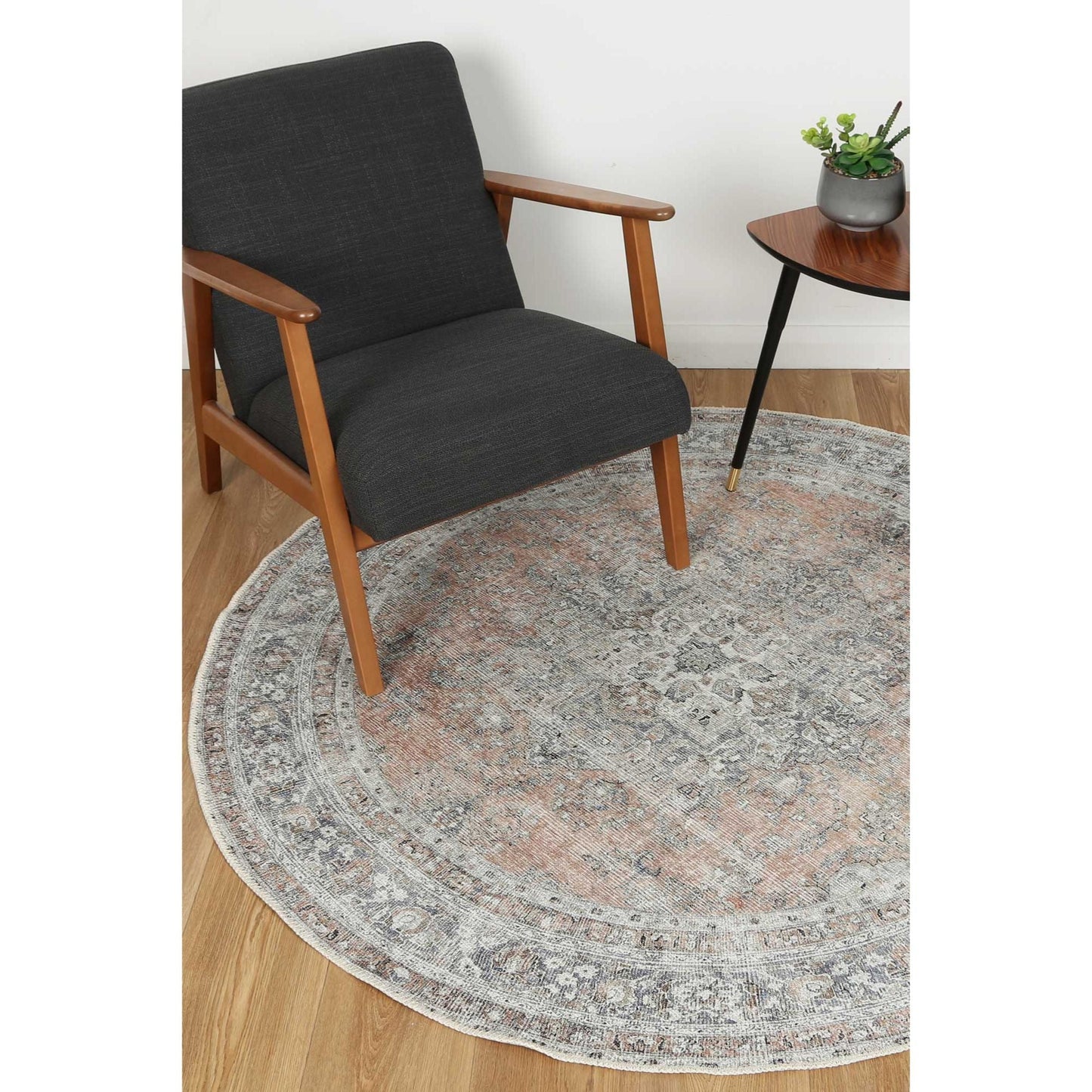 Grey Oxus Desert Round Rug – Vintage Distressed Washable Rug