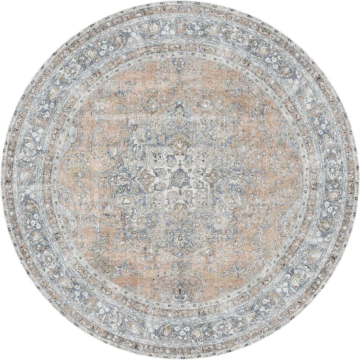 Washable Vintage Oxus Desert Rug in Grey – Round Shape