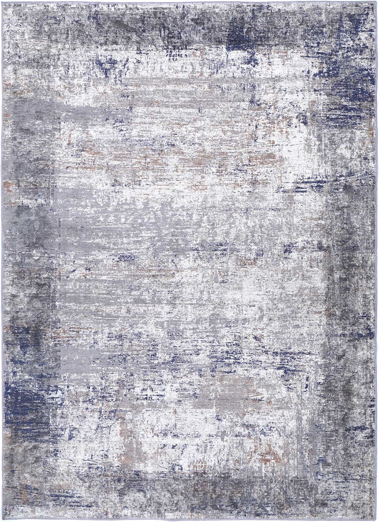 Contemporary grey rug with blue and grey abstract design. Made from recycled cotton, easy to clean, anti-allergen.