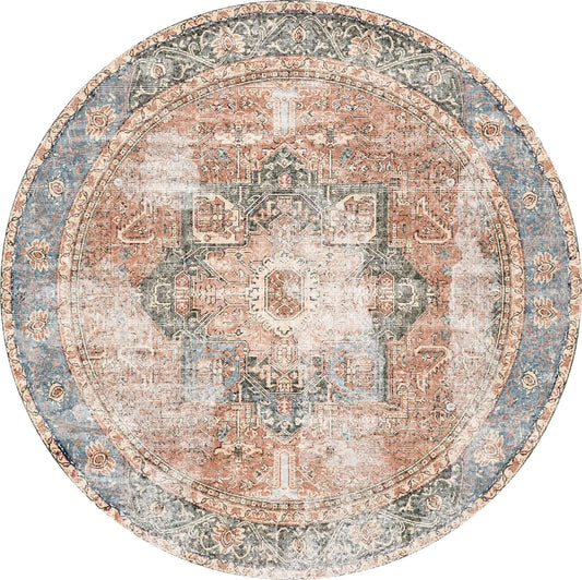 Distressed Vintage Cezanne In Brown & Grey : Round Rug