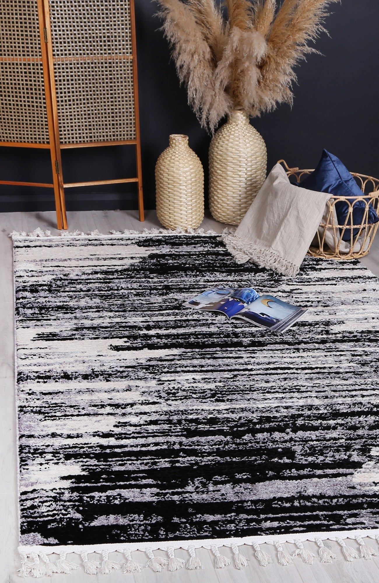 Mario Acid Wash Abstract In Black & White Rug