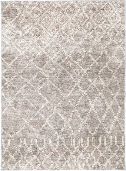 A beige, gold, and taupe rug with a warm and sophisticated aesthetic, made from recycled cotton and designed for indoor use.