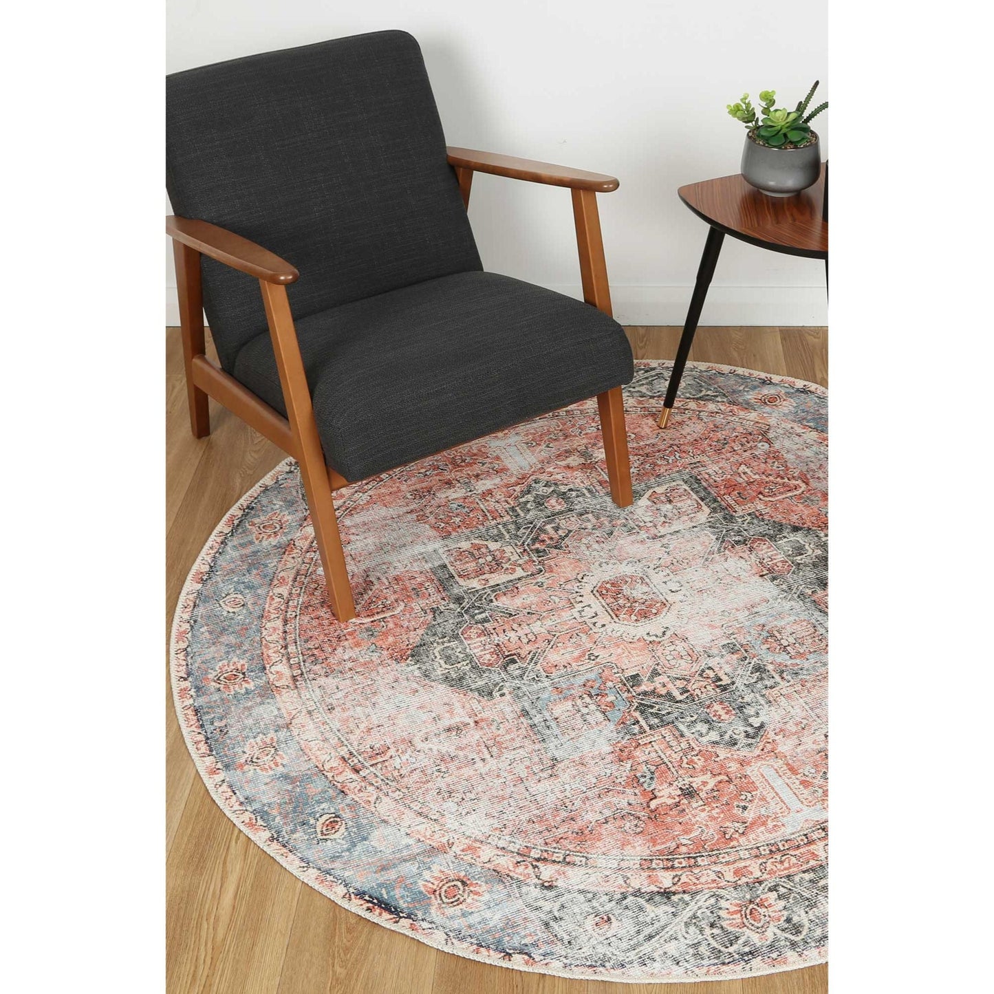 Distressed Vintage Cezanne In Brown & Grey : Round Rug