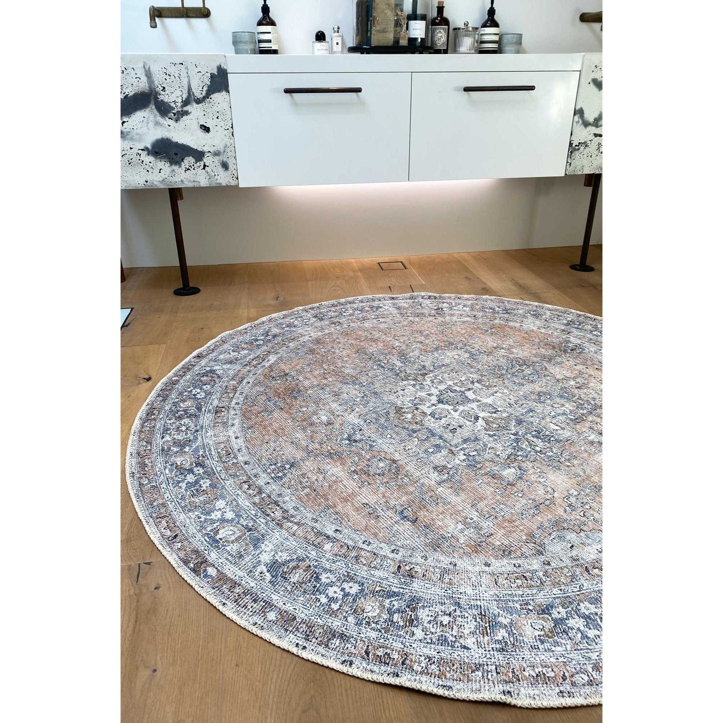Distressed Vintage Oxus Desert In Grey : Round Rug