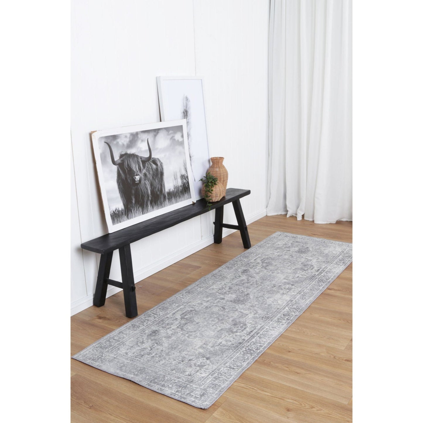 Distressed Vintage Chilaz In Grey : Runner Rug